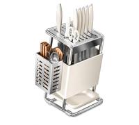 Yunmeryker Bloc Couteaux Cuisine Vide, Porte-Couteaux Multifonctionnel 2 Niveaux Acier Carbone, Rangement Ustensiles Plateau Drainage Amovible, Couleur naturelle, support-cou