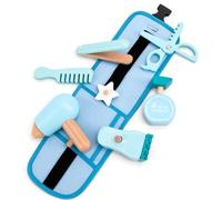 Yunmeryker Mallette Barbier Enfant Bois, Kit Coiffeur Simulation 400g, Comprenant Sèche-Cheveux Peigne Ciseaux Lisseur, Matériaux Sûrs, Présent Jeu Rôle , Bleu