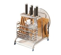 Yunmeryker Porte 3 en 1, bloc couteaux sans perçage pour plan de travail, rangement couteaux inox 304, support planche & couvercle, silver