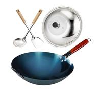 Yunmeryker Wok Pan Ensemble Fer Artisanal Poêle de Cuisson Traditionnelle Spatule Manche Bois Fonctionnalité Antiadhérente Adaptée Cuisine Maison Restaurant, Diamètre Du Pot 32