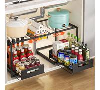 YunNasi Rangement sous Evier, Extensible Organisateur à 2 Niveaux en Métal, Ajustable Coulissant Tiroir Étagères pour Placard Meuble Cuisine Salle Bain (Noir, A-Style)