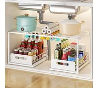 YunNasi Rangement sous Evier, Extensible Organisateur à 2 Niveaux en Métal, Ajustable Coulissant Tiroir Étagères pour Placard Meuble Cuisine Salle Bain (Blanc, A-Style)