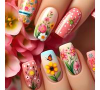 YUNNIAN Lot de 24 faux ongles à presser en forme de ballet en acrylique brillant Motif floral