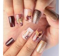 YUNNIAN Lot de 24 faux ongles en forme de fleurs, feuilles, faux ongles scintillants, couverture complète, à coller sur les ongles, moyens, carrés, à presser