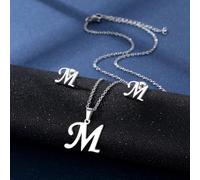 YUNNIAN Stainless Steel Pendant Necklace Ear Studs Set Fashion Letter Necklace Adjustable Chain Present For Man Woman Silver Letter And Earrings Set