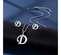 YUNNIAN Stainless Steel Pendant Necklace Ear Studs Set Fashion Letter Necklace Adjustable Chain Present For Man Woman Silver Letter And Earrings Set