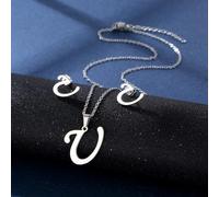 YUNNIAN Stainless Steel Pendant Necklace Ear Studs Set Fashion Letter Necklace Adjustable Chain Present For Man Woman Silver Letter And Earrings Set