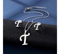 YUNNIAN Stainless Steel Pendant Necklace Ear Studs Set Fashion Letter Necklace Adjustable Chain Present For Man Woman Silver Letter And Earrings Set
