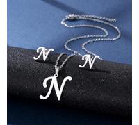 YUNNIAN Stainless Steel Pendant Necklace Ear Studs Set Fashion Letter Necklace Adjustable Chain Present For Man Woman Silver Letter And Earrings Set