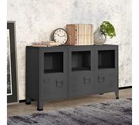 Yunovire Buffet industriel anthracite 105 x 35 x 62 cm, métal et verre, espace de rangement robuste pour salon, couloir, meuble design moderne