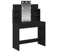 Yunovire Coiffeuse noire aspect chêne en bois 96 x 39 x 142 cm avec éclairage LED, 4 étagères, 2 tiroirs, alimentation USB, espace de rangement et organiseur pour chambre à coucher et salle de bain