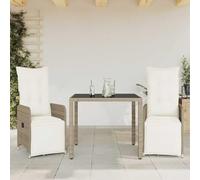 Yunovire Ensemble bistro de jardin 3 pièces en polyrotin marron, fauteuils réglables, table 90 x 90 x 75 cm, résistant aux UV, pour balcon, terrasse et extérieur, avec coussins blanc crème