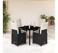 Yunovire Ensemble bistro de jardin 5 pièces en polyrotin noir, fauteuils réglables, table en verre, coussins blanc crème, résistants aux UV, pour terrasse, balcon, extérieur