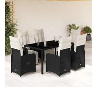 Yunovire Ensemble bistro de jardin 7 pièces en polyrotin noir, chaises réglables, table en verre, coussins blanc crème, résistants aux UV, idéal pour terrasse, balcon, jardin, extérieur