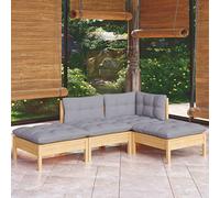Yunovire Ensemble de 4 pièces de salon de jardin en pin massif, coussins gris, ensemble de sièges d'extérieur modulaires pour terrasse, balcon, véranda, meubles de conversation robustes