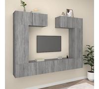 Yunovire Ensemble de 6 meubles TV gris Sonoma en bois - Montage mural - Design moderne pour le salon - Grand espace de rangement pour les médias et les magazines