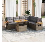 Yunovire Ensemble de 7 canapés de jardin en polyrotin beige bois d'acacia avec coussins, espace de rangement et table pliante Résistant aux UV pour terrasse, balcon, extérieur