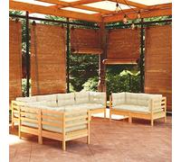 Yunovire Ensemble de 8 pièces salon de jardin en pin massif, coussins crème, canapé d'angle, canapé central, canapé d'extérieur, pour terrasse, balcon, véranda