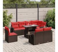 Yunovire Ensemble de 9 meubles de jardin en polyrotin marron acacia avec coussins, espace de rangement, table pliante, résistant aux UV pour terrasse, balcon