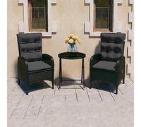 Yunovire Ensemble de bistro 3 pièces en rotin synthétique et verre noir, table pliante Ø 60 cm, 2 fauteuils avec dossier réglable, pour jardin, terrasse, balcon, ensemble de meubles d'extérieur