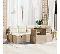 Yunovire Ensemble de canapé de jardin 7 pièces Beige Poly rotin Bois d'acacia durable pour terrasse, balcon, extérieur, conversation, 6 places