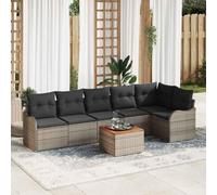 Yunovire Ensemble de canapé de jardin 7 pièces gris en rotin synthétique design modulaire résistant aux intempéries accents bois d'acacia pour terrasse, balcon, extérieur, conversation, détente