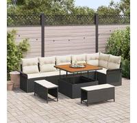 Yunovire Ensemble de canapé de jardin, 9 pièces, noir et crème, polyrotin et bois d'acacia, 100 x 100 x 71 cm, kit de salon d'extérieur modulaire, pour terrasse et balcon, avec espace de rangement