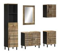 Yunovire Ensemble de meubles de salle de bain 5 pièces en bois massif de mangue, avec meuble sous lavabo, armoire à miroir, armoire haute, armoire suspendue et commode pour salle de bain, WC d'invités