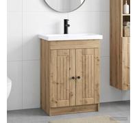 Yunovire Ensemble de meubles de salle de bain en chêne Artisan avec lavabo et robinet 56 x 37,5 x 81 cm Meuble de salle de bain en bois avec étagère et poignée en métal noir pour salle de bain invités