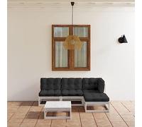 Yunovire Ensemble de salon de jardin 5 pièces en pin massif, blanc, coussin anthracite, design modulaire pour terrasse, balcon, extérieur, canapé de conversation, robuste et stable