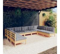 Yunovire Ensemble de salon de jardin 9 pièces en pin massif avec coussins gris, ensemble de sièges d'extérieur modulaires pour terrasse, balcon, véranda, canapé de conversation robuste, idéal pour la