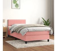 Yunovire Lit à sommier tapissier avec matelas - Rose - 90 x 200 cm - Tissu en velours - Tête de lit réglable en hauteur - Matelas à ressorts ensachés - Soutien mi-ferme pour chambre à coucher - Meuble