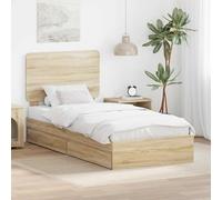 Yunovire Lit de rangement, en chêne Sonoma, 90 x 190 cm, matériau dérivé du bois, lit simple moderne avec tiroirs, cadre de lit durable, pour chambre à coucher, solution peu encombrante