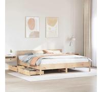 Yunovire Lit en bois de pin massif, 180 x 200 cm, avec tête de lit, sommier à lattes, 2 tiroirs, cadre de lit robuste, pour chambre à coucher, non traité