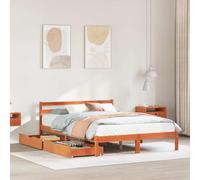 Yunovire Lit en bois massif marron cire, 140 x 200 cm, en pin avec sommier à lattes et 2 tiroirs, cadre de lit robuste pour chambre à coucher, design moderne, grand confort