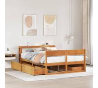 Yunovire Lit en bois massif sans matelas, marron cire, 160 x 200 cm, avec 4 tiroirs, sommier à lattes, étagères, tête de lit autoportante pour chambre à coucher