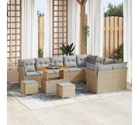 Yunovire Lot de 12 canapés de jardin en polyrotin beige en bois d'acacia pour terrasse, balcon, extérieur, durable, résistant aux UV, 11 places, table 90 x 55 x 71 cm