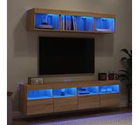 Yunovire Lot de 5 pièces murales avec éclairage LED RVB, bois de chêne Sonoma, montage mural, design moderne pour salon, médias et chambre à coucher Espace de rangement