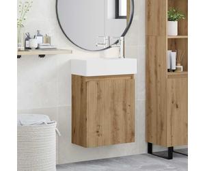 Yunovire Meuble de salle de bain en chêne Artisan avec lavabo en céramique et mitigeur, montage mural, espace de rangement avec porte et étagère, idéal pour salle de bain, WC d'invités, ensemble de