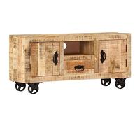 Yunovire Meuble TV en bois de manguier rugueux, 110 x 30 x 50 cm, style industriel, avec 2 compartiments, 1 tiroir, 4 roues en fer, pour salon, chambre à coucher, rangement multimédia, buffet