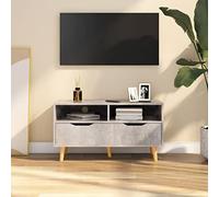 Yunovire Meuble TV gris béton 90 x 40 x 48,5 cm Matériau bois Meuble multimédia moderne Support TV robuste pour salon et chambre à coucher, solution de rangement pratique