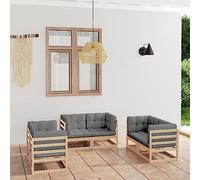 Yunovire Salon de jardin 6 pièces en pin massif avec coussins gris, canapé d'angle 70 x 70 x 67 cm, pour terrasse, balcon, jardin, patio extérieur, canapé de conversation