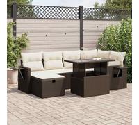 Yunovire Salon de jardin 7 pièces en rotin synthétique marron avec coussins, espace de rangement, table pliante pour terrasse et balcon, résistant aux UV et aux intempéries, pour espaces de vie en