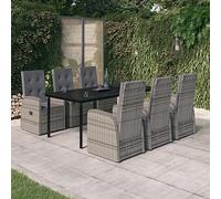 Yunovire Salon de jardin 7 pièces - Gris - En rotin synthétique - Avec coussins - Chaises réglables - Table pour extérieur, balcon, terrasse - 200 x 100 cm