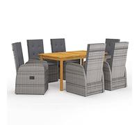 Yunovire Salon de jardin 7 pièces gris, table en bois d'acacia, chaises réglables en rotin PE, coussins gris foncé, pour balcon, terrasse, extérieur, 6 personnes