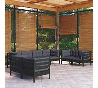 Yunovire Salon de jardin 8 pièces en pin massif noir avec coussins anthracite modulaire pour terrasse, balcon, extérieur, conversation relaxante