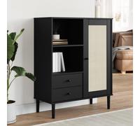 Yunovire SENJA Buffet haut, aspect rotin, noir, 90 x 40 x 112 cm, en bois de pin massif, laqué UV, espace de rangement pour salon, salle à manger, couloir
