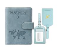 YUNPYCHY Protège Passeport RFID avec 2 Étiquettes Bagage, Pochette de Voyage en Cuir pour Passeports, Cartes de Crédit, Documents, Bleu