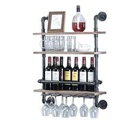YUNRUX Étagère à vin 61 x 20 x 89 cm Étagère tubulaire industrielle avec support en verre 3 niveaux Étagère murale de cuisine Étagère murale Étagère de bar Armoire à vin suspendue Support à vin punk à