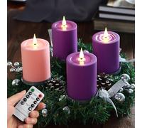 yunsheng Lot de 4 bougies piliers de l'Avent sans flamme à LED à piles avec minuteur à distance - 350 heures - Pour rituels de l'Avent et couronne de Noël - Violet et rose - 12,7 cm